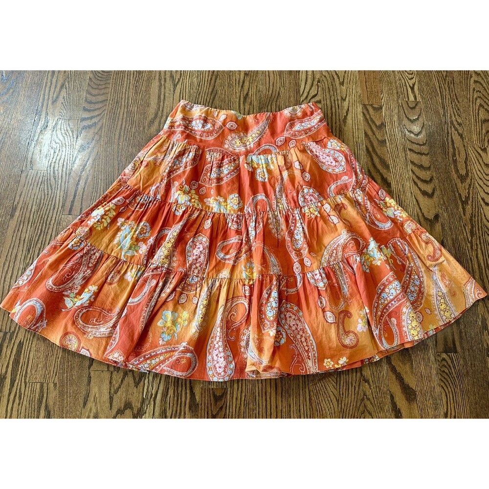 CHAPS Orange Paisley Tiered Boho Gypsy Peasant 100% Cotton Skirt‎ Lined Size S
